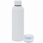A plain white water bottle with a lid placed beside it on a white background.