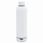 A white, cylindrical water bottle with a screw-on cap and a gray base.