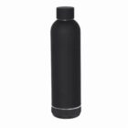 A black stainless steel water bottle with a screw-on lid on a white background.