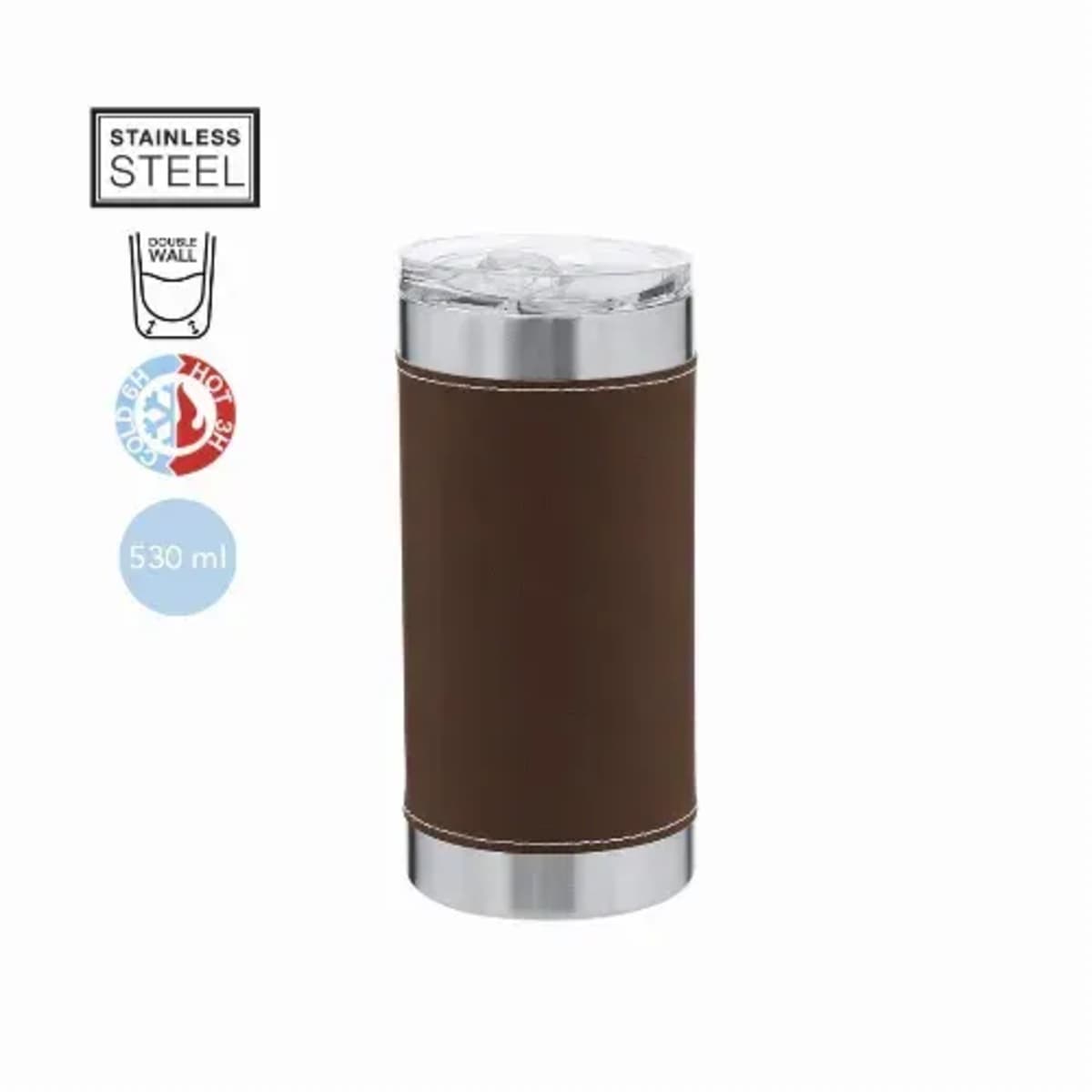 Stainless steel tumbler with brown sleeve and clear lid, 530 ml capacity.