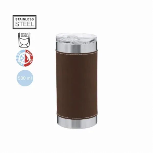 Stainless steel tumbler with brown sleeve, clear lid, and capacity icons.