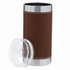 Brown and silver travel mug with a clear lid, standing upright.