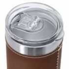 Brown leather-covered tumbler with a clear plastic lid and stainless steel trim.