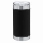 Black leather-wrapped stainless steel tumbler with a clear lid.