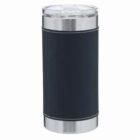 A stainless steel tumbler with a black sleeve and clear lid.