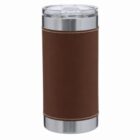 Stainless steel tumbler with brown leather wrap and clear lid.