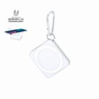 Square keychain with MagSafe technology symbol next to phone, white background.