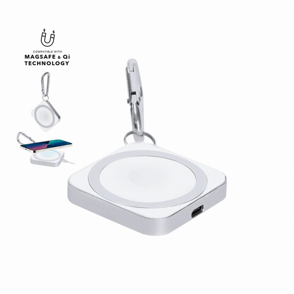 Square wireless charger with keychain, compatible with MagSafe and Qi technology.