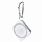 Square keychain with a round center and a metal carabiner clip.