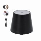 Black, modern table lamp with touch control; multiple views showing details and size.