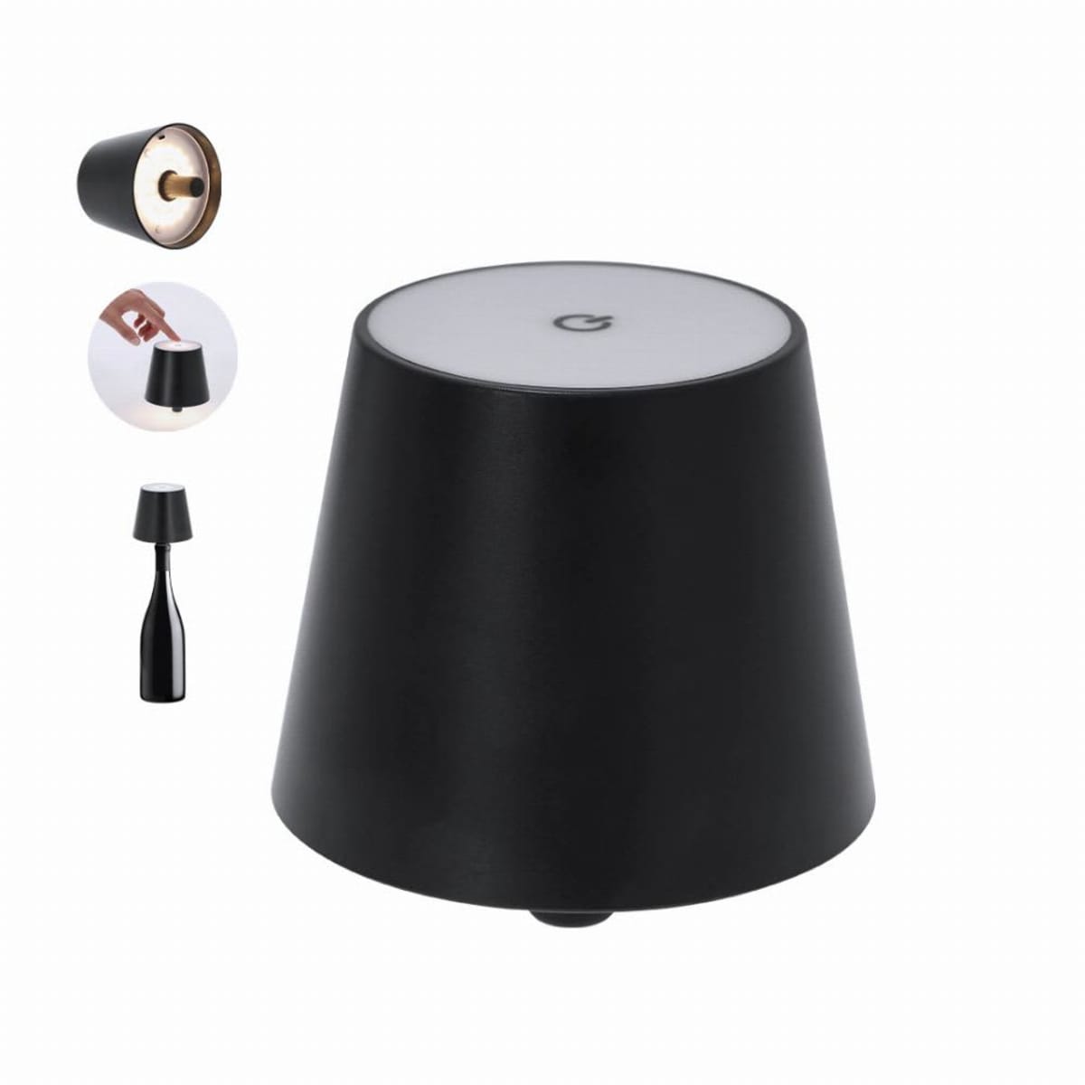 Black, modern table lamp with touch control; multiple views showing details and size.