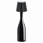 Lamp resembling a black wine bottle with a lampshade on top.