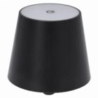Black, cone-shaped smart speaker with a white top displaying a G logo.