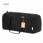 Black duffel bag with handles and a recycled cotton label attached.