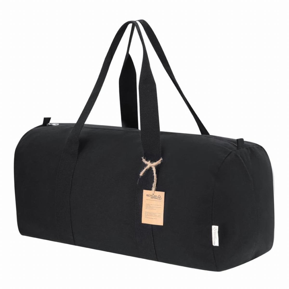 Black duffel bag with two long handles and a tag.