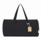Black duffel bag with handles and a small tag attached.