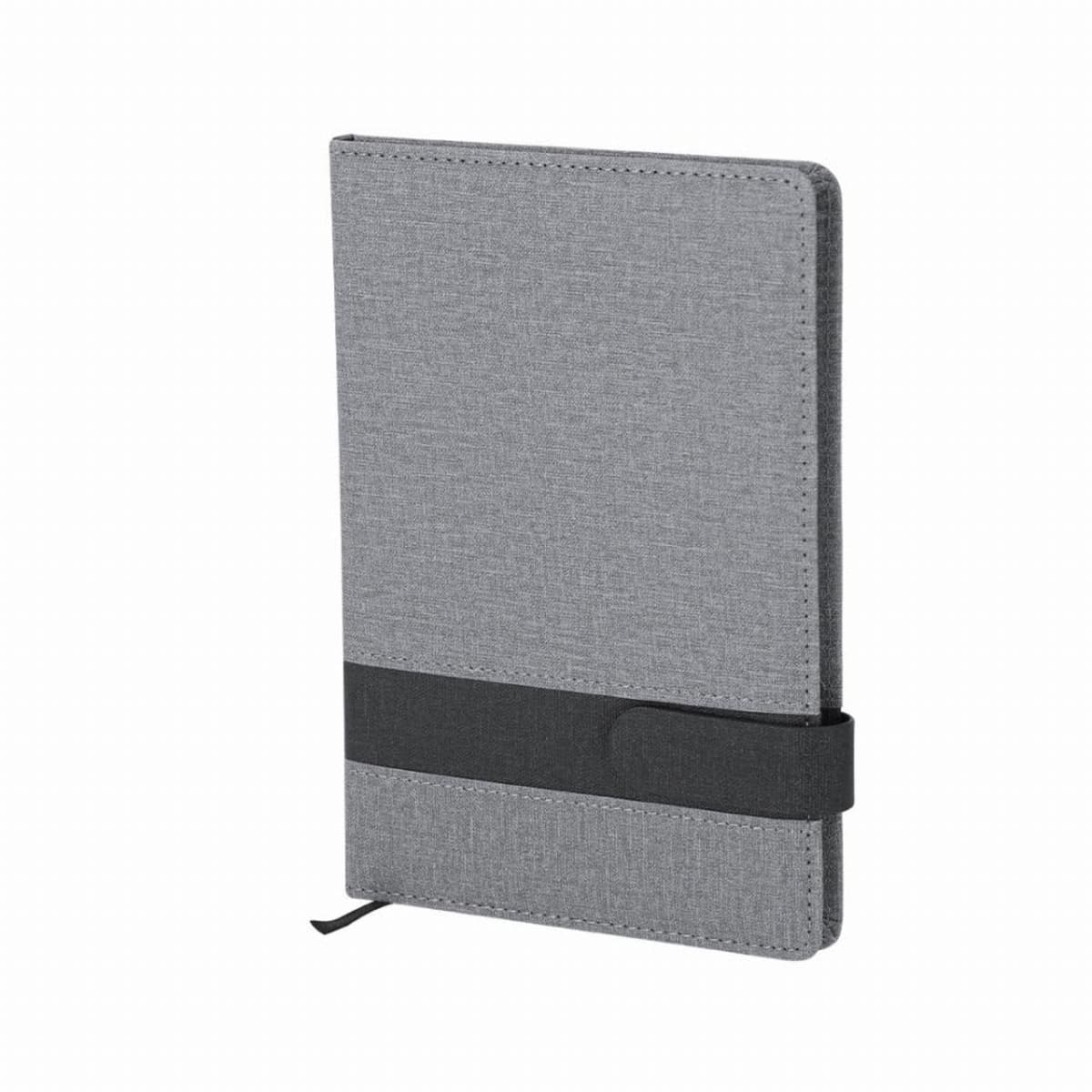 Grey fabric notebook with a black elastic strap, standing upright on a white background.