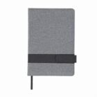 Gray fabric notebook with a black strap closure, shown closed and vertically oriented.