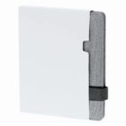 A gray fabric notebook with a black strap, partially covered by a plain white sleeve.