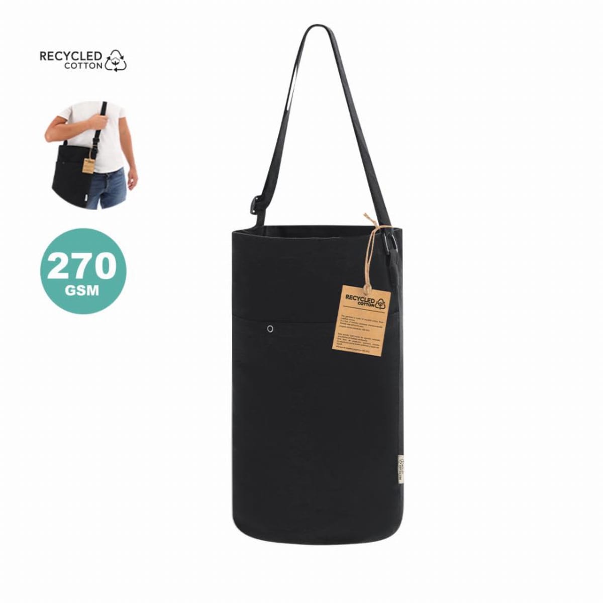 Black recycled cotton shoulder bag with a tag, shown on its own and worn by a person.