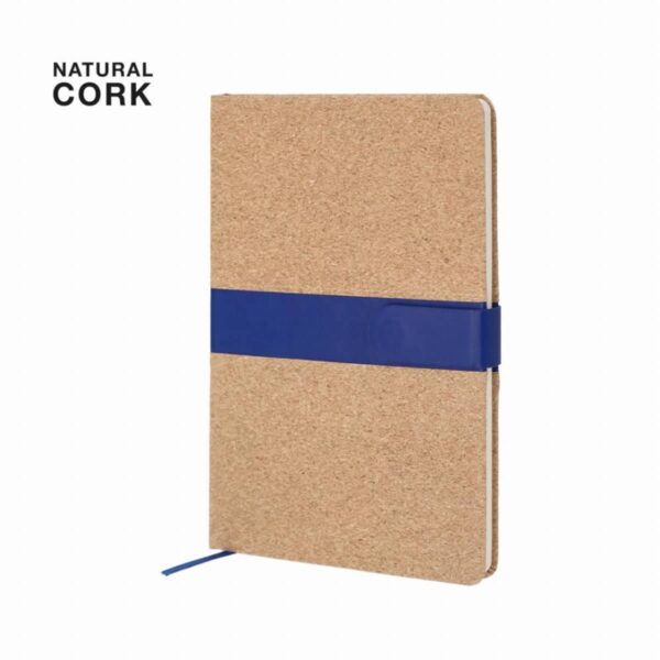 Cork notebook with a blue elastic band and ribbon bookmark.