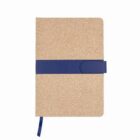 Tan notebook with a blue strap and ribbon bookmark.