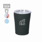 Black stainless steel tumbler with lid, 350 ml, double wall, hot/cold icons, idea text.