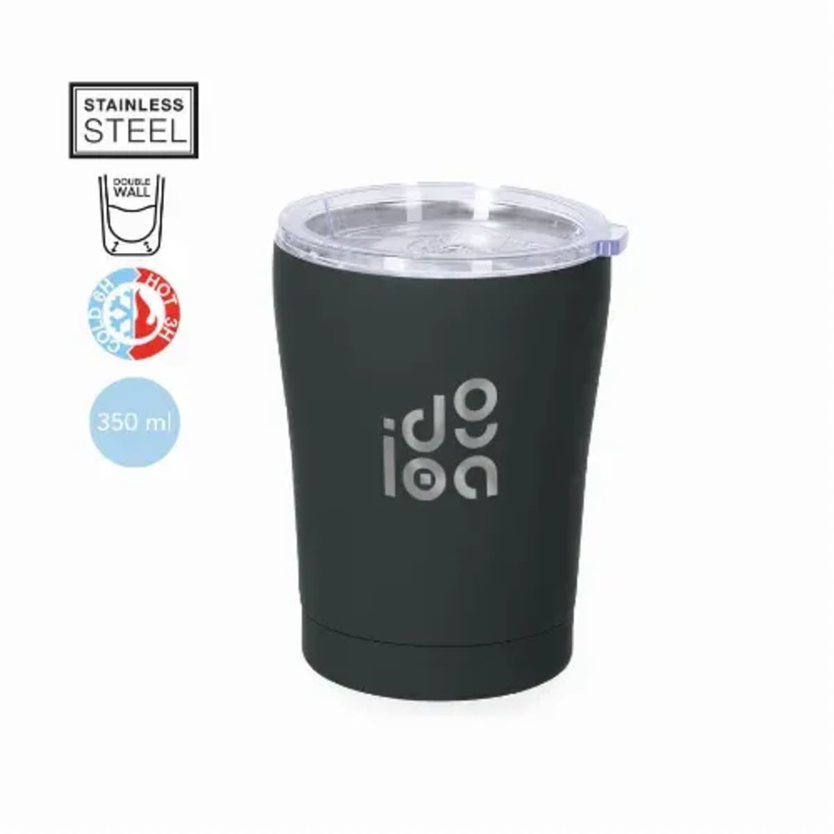 Black stainless steel tumbler with lid, 350 ml, double wall, hot/cold icons, idea text.