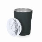 A black tumbler with a clear lid placed beside it.