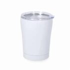 White tumbler with a clear lid on a plain background.