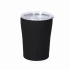 Black reusable tumbler with a transparent lid on a white background.