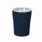 Black tumbler with a clear lid on a white background.