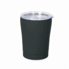 A black insulated tumbler with a clear lid against a white background.