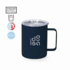 Black insulated mug with transparent lid, labeled 400 ml, Stainless Steel, and Idea.