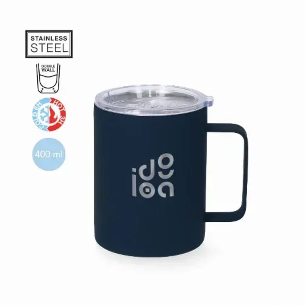 Black insulated mug with transparent lid, labeled 400 ml, Stainless Steel, and Idea.