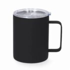 Black stainless steel mug with clear lid and handle, isolated on white background.