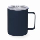 Black travel mug with a transparent sliding lid, handle on the side.