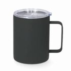 Black insulated mug with a handle and a clear lid.