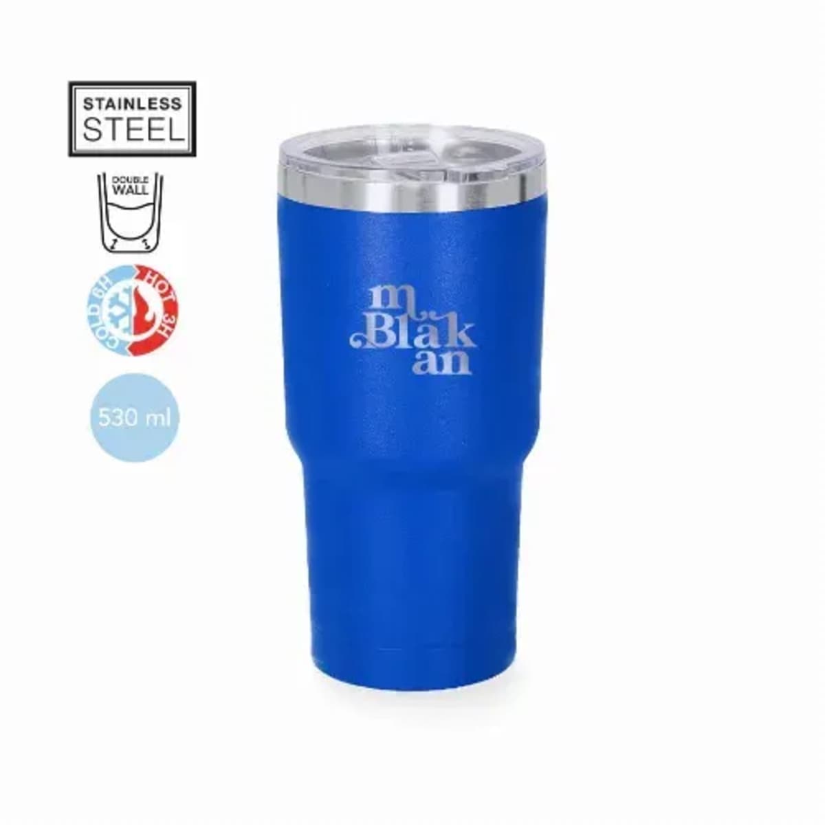 Blue stainless steel tumbler with lid, 530 ml, Mblakan engraved.