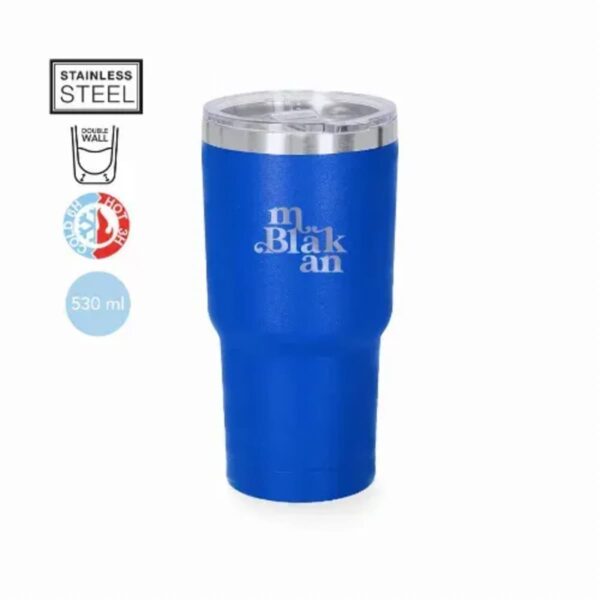 Blue stainless steel tumbler with Blak an text, double-wall insulation, 530 ml capacity.