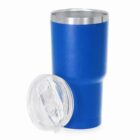 Blue insulated tumbler with a clear plastic lid, shown on a white background.