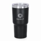 A black insulated tumbler with a clear lid and the ocean logo in white.