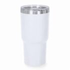 White insulated tumbler with a clear lid and stainless steel rim.