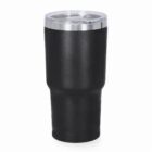 Black insulated travel tumbler with a clear plastic lid, on a white background.