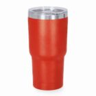 Red travel tumbler with a clear lid, isolated on a white background.