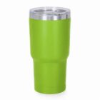 A green insulated tumbler with a clear lid on a white background.