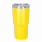 Yellow tumbler with a transparent lid against a white background.