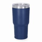Blue insulated tumbler with a clear lid on a white background.