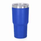 Blue insulated travel tumbler with a silver lid against a white background.
