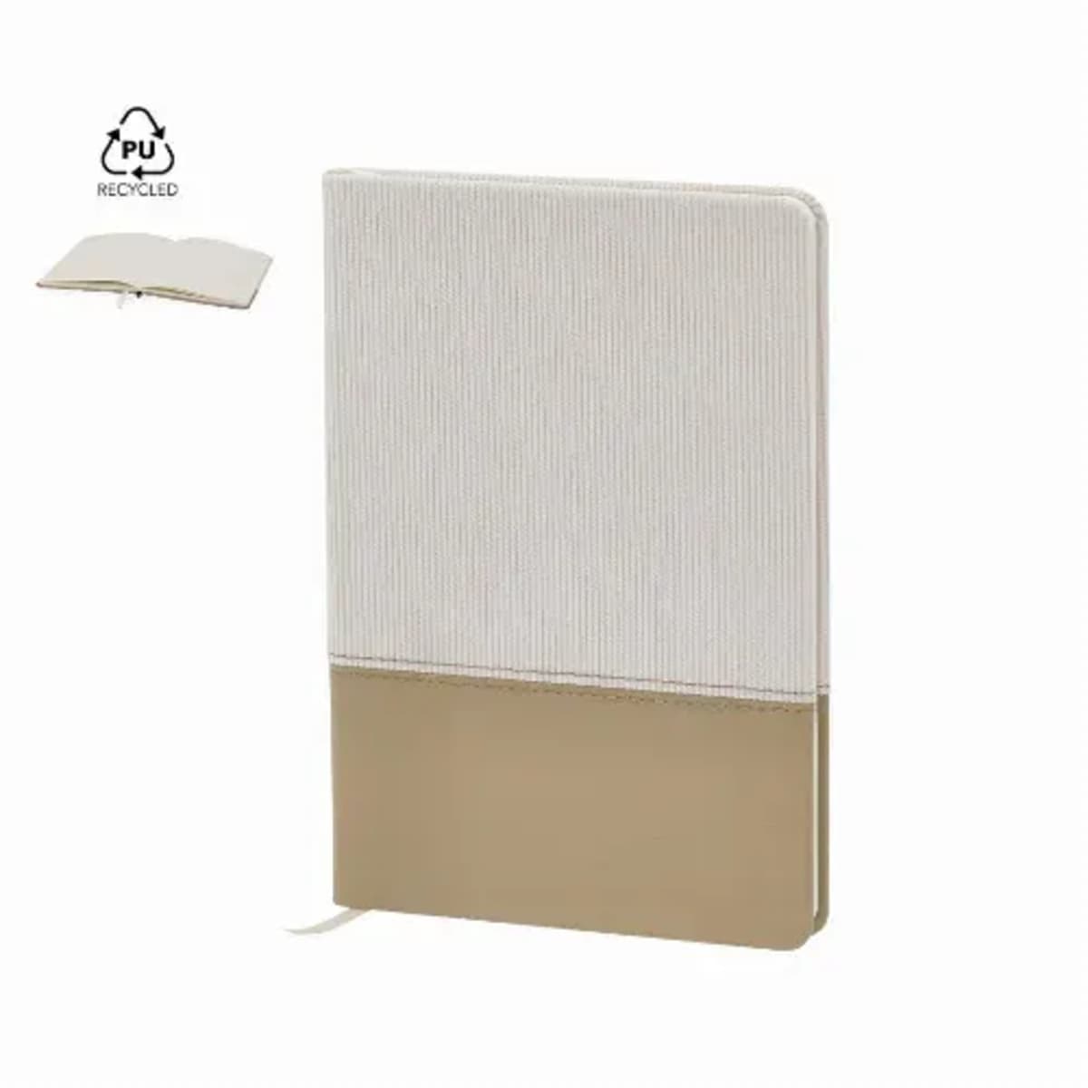 Beige and cream notebook with recycled PU symbol on the corner.